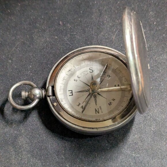 Antique Pocket Compass With Silver Look Case Made In France 2-Inch Diameter Pre- - Picture 3 of 6